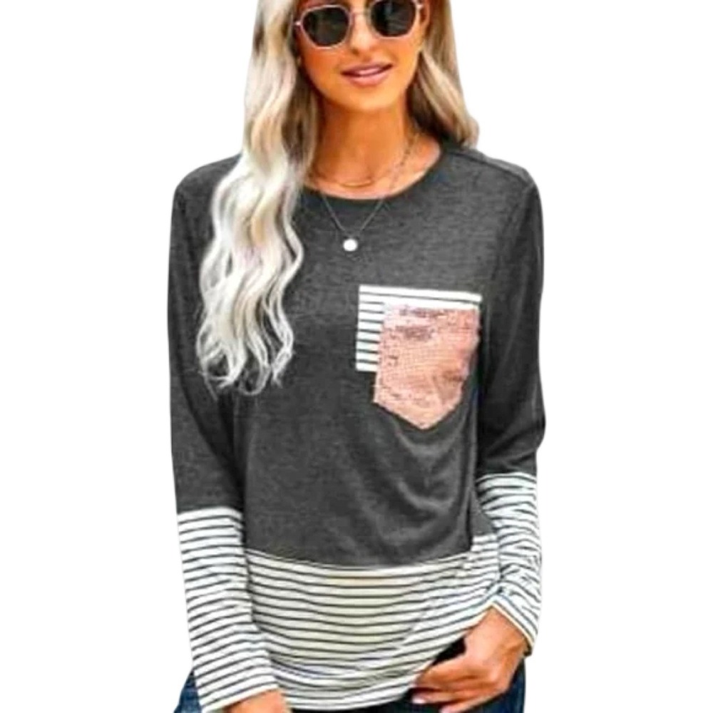 Boutique Women's Stripe Pocket Sequins Splicing Long Sleeve T Size XL